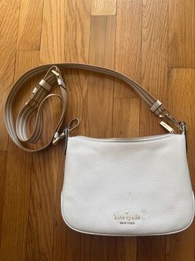 kate spade White Pebbled Leather Crossbody with Tan Striped Strap